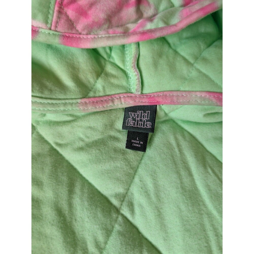 Mint Green Pink Floral Quilted Hooded Puffer Statement Jacket Zip Up Size L - Picture 8 of 11